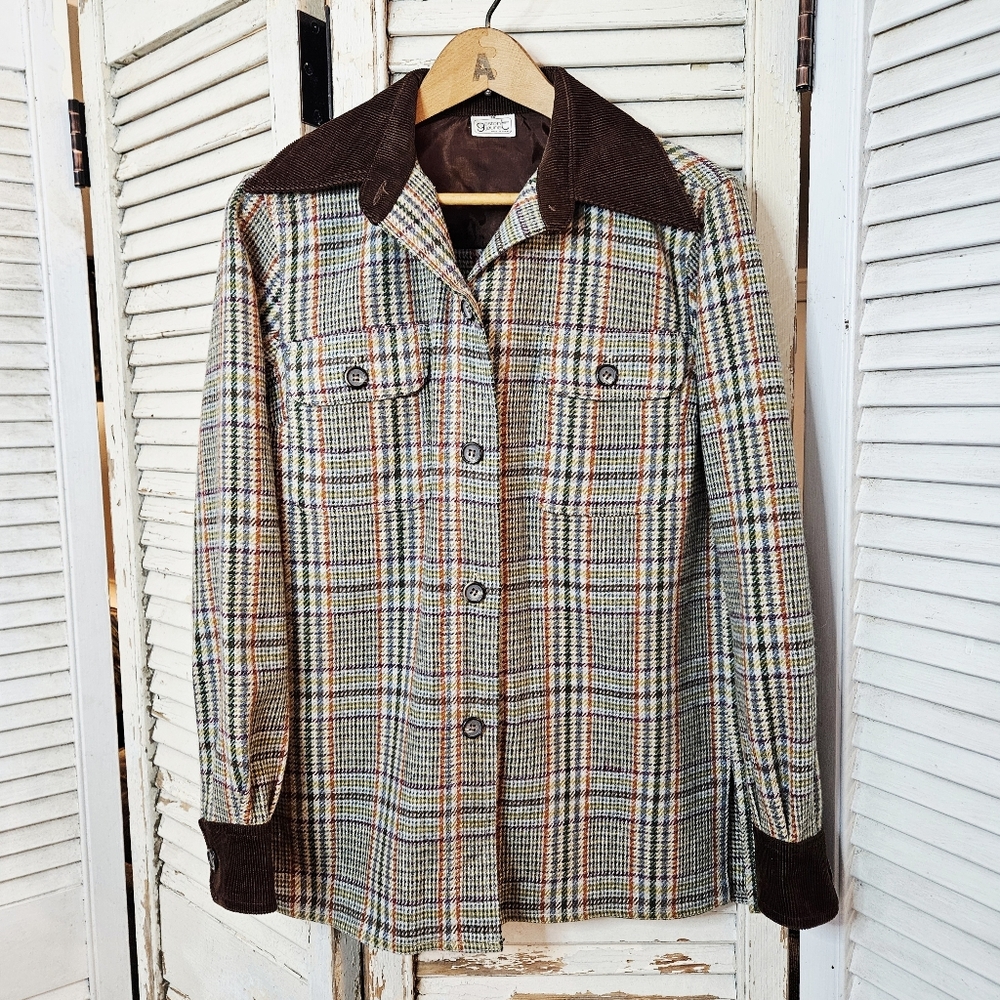 Vintage 70s Wool Plaid Jacket With Corduroy Accents Made In France Small